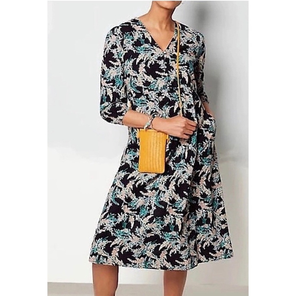 J. Jill Exotic Garden Blooms Midi Dress Womens M Floral Cotton V-Neck 3/4 Sleeve